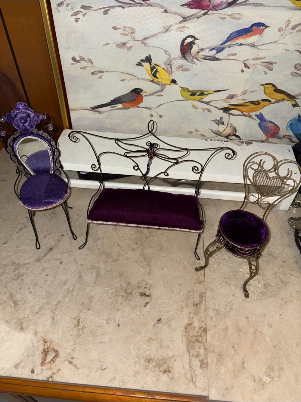 Vintage Miniature Purple Velvet Wire Doll Bench & Chairs Set